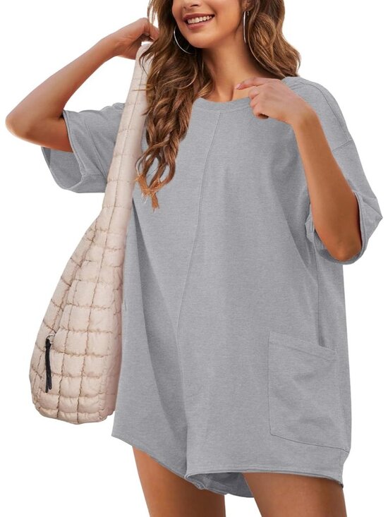 Pants - Women's Light Grey Casual Oversized Athletic Overall Workout Hot Shot Tee Romper